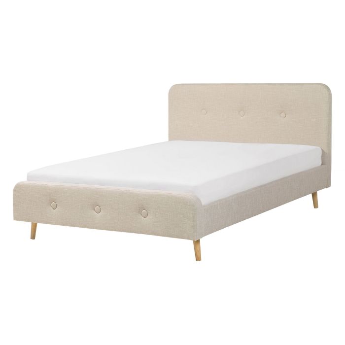 Slatted Bed Frame Beige Polyester Fabric Upholstered Wooden Legs 4ft6 EU Double Size Modern Design 