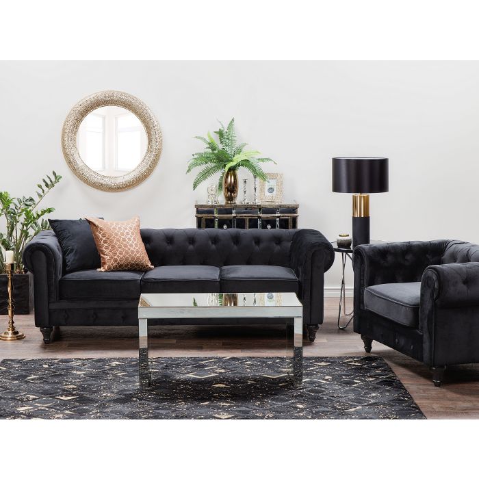Velvet Living Room Set Black CHESTERFIELD