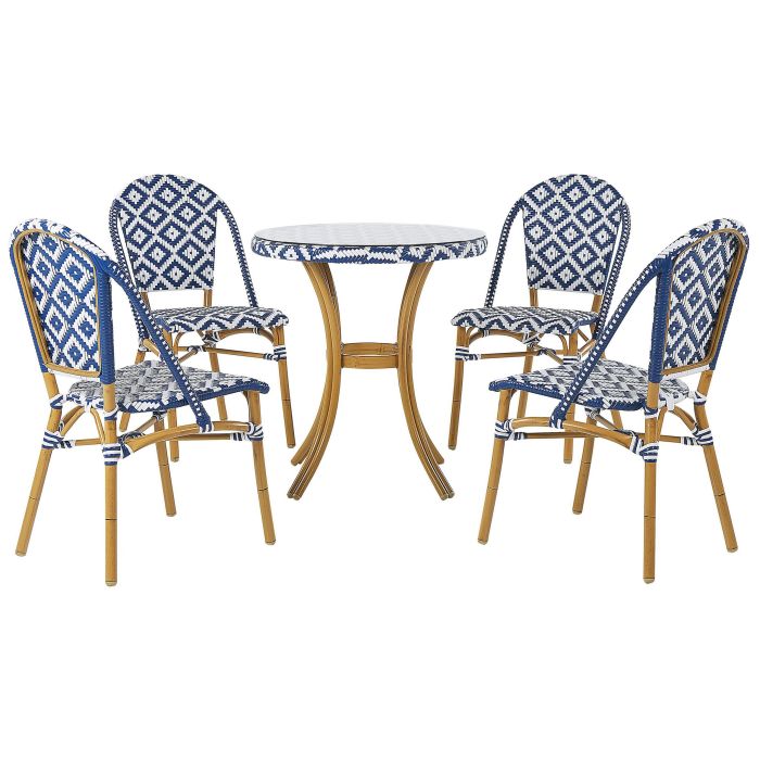 4 Seater Garden Dining Set Blue and White PE Rattan Top 70 Table and 4 Stackable Aluminium Frame