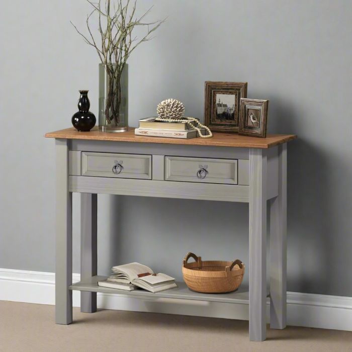 MORVANE Console Table Solid Pine with 2 Drawers - Grey