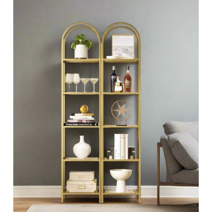 ELDORIA Display Shelf 5-Tier Tempered Glass Rack with Metallic Gold Frame - Gold