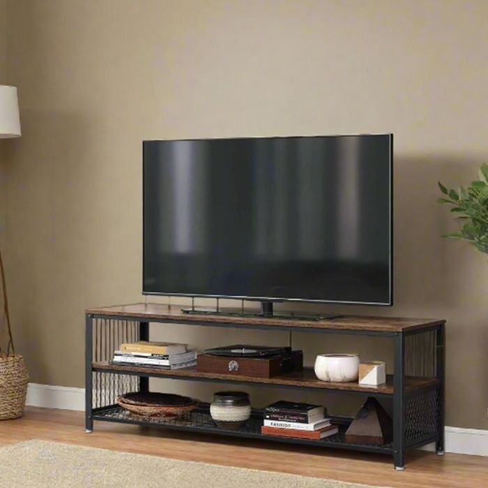GRALVEN TV Stand 140 cm Console Table with Metal Frame and Shelves - Rustic Brown
