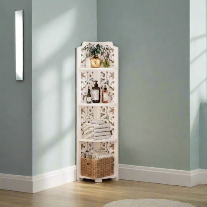 CORTHANE Corner Shelf 4-Tier Free-Standing PVC Storage Unit for Bathroom or Living Room - White