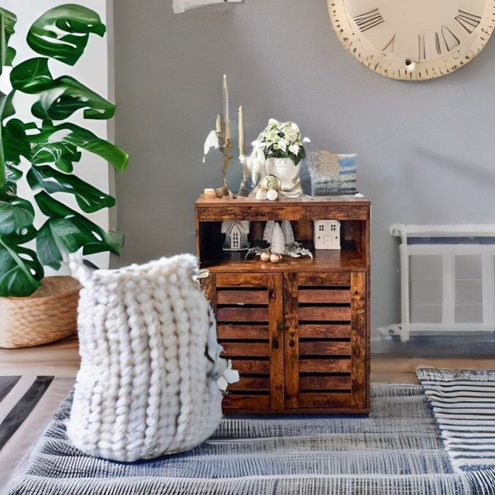 DUVANTI Bathroom Cabinet 4-Tier Unit with Louver Doors - Rustic Brown