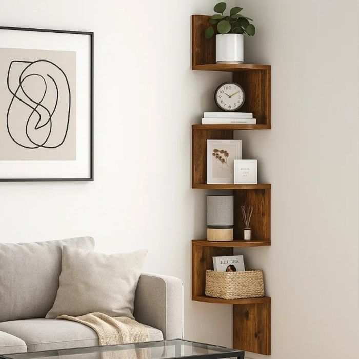 GRALVEN Corner Shelf 5-Tier Wall-Mounted Floating Display Bookcase - Rustic Brown