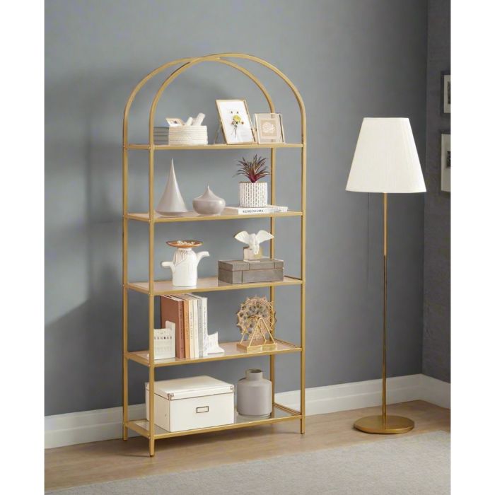 ELDORIA Display Shelf 5-Tier Arched Glass Storage Unit with Steel Frame - Gold