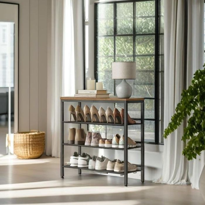 NOVIREX 4-Tier Shoe Rack with Adjustable Mesh Shelves - Rustic Brown and Black