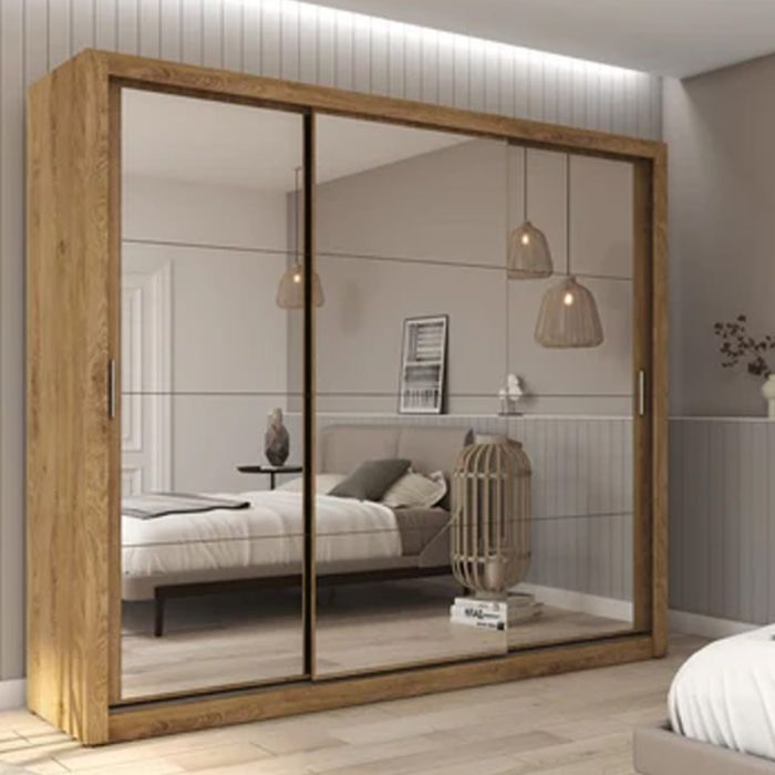 Sliding Wardrobe - INNISFAIL 3 Door Mirrored Wardrobe Oak Shetland 250cm