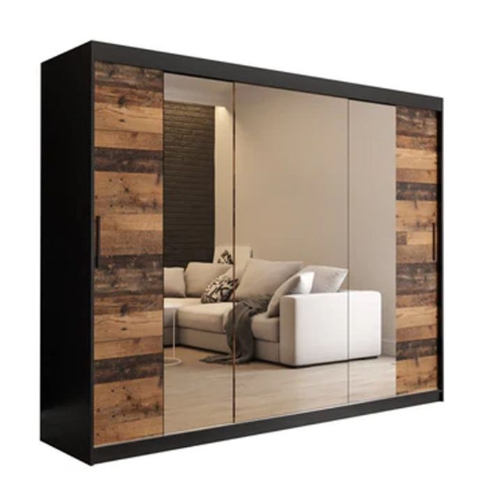 Sliding Wardrobe - CURTIS II 3 Door Mirrored Wardrobe Dark Oak 250cm