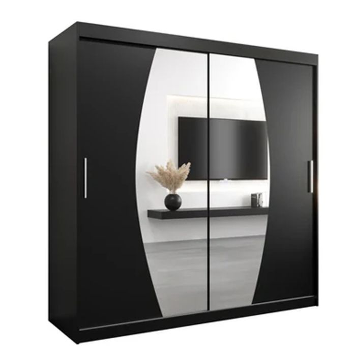 Sliding Wardrobe - WRIGHT 2 Door Mirrored Wardrobe Black 200cm