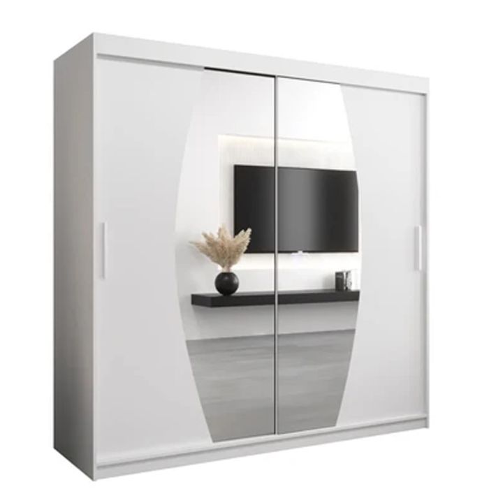 Sliding Wardrobe - WRIGHT 2 Door Mirrored Wardrobe White 200cm