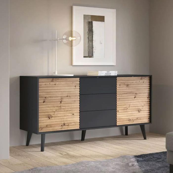 Bella Hendrix 2 Door Sideboard with 3 Drawers - Oak Artisan and Black
