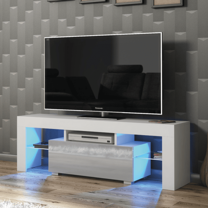 Modern TV Unit with Free LED Lighting and Ample Storage 130cm - White and Grey