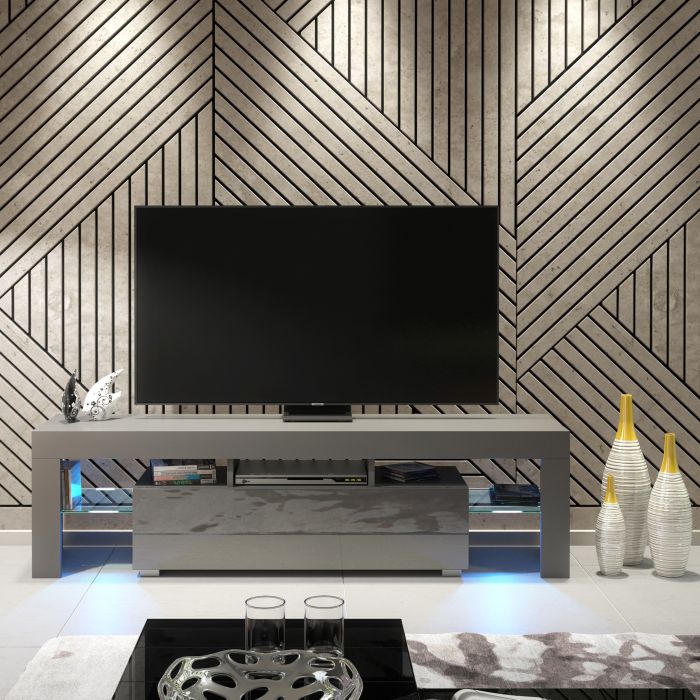 Modern TV Unit Cabinet Stand with Gloss Doors Free LED and Ample Storage 160cm - Dark Grey