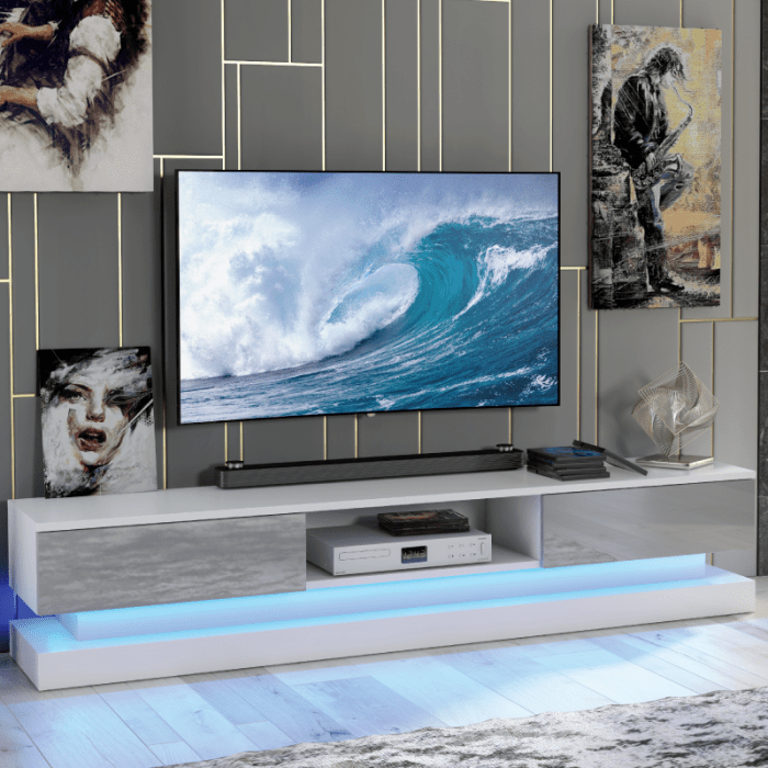 Stylish TV Unit Cabinet Stand with Ample Storage and Free LED Lighting 180cm - White and Grey