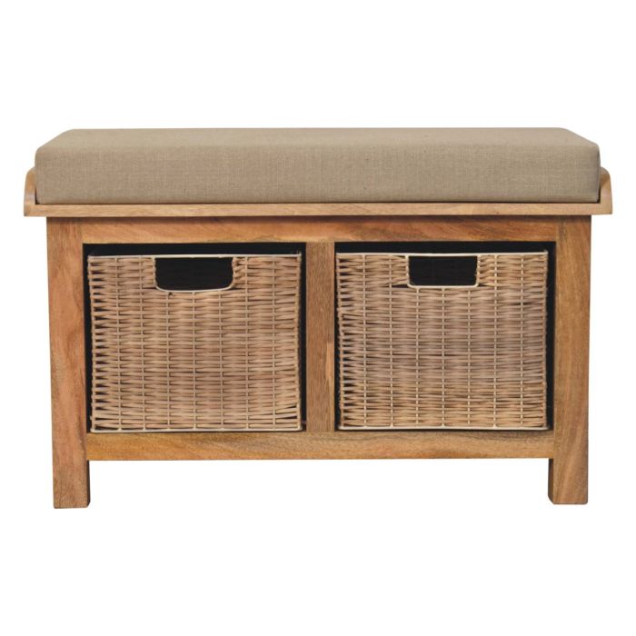 Living Room Bench - COPENHAGEN Rattan Basket Linen Bench Oak 82cm