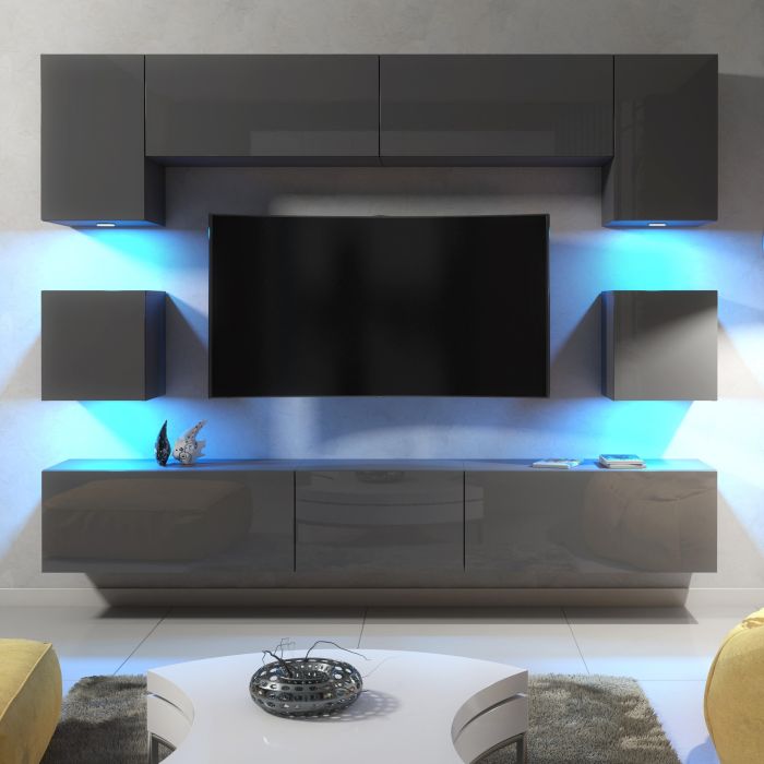 Modern Living Room Set with Cupboard TV Unit Cabinet and Wall Storage with LED Lighting - Dark Grey