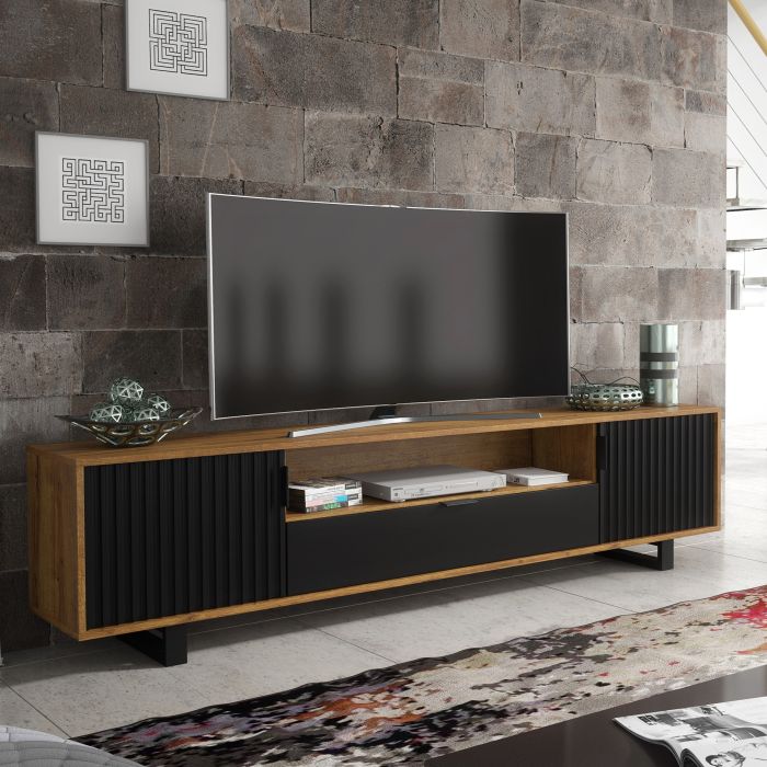 Retro Loft TV Unit with Milled Fronts and Oak Black Vintage Cabinet Cupboard Stand 200cm - Oak and Black