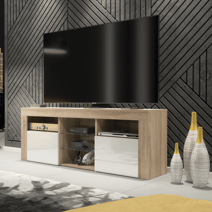 AMBA Modern TV Unit Stylish Storage Cabinet with Gloss Doors 145cm - Oak with White