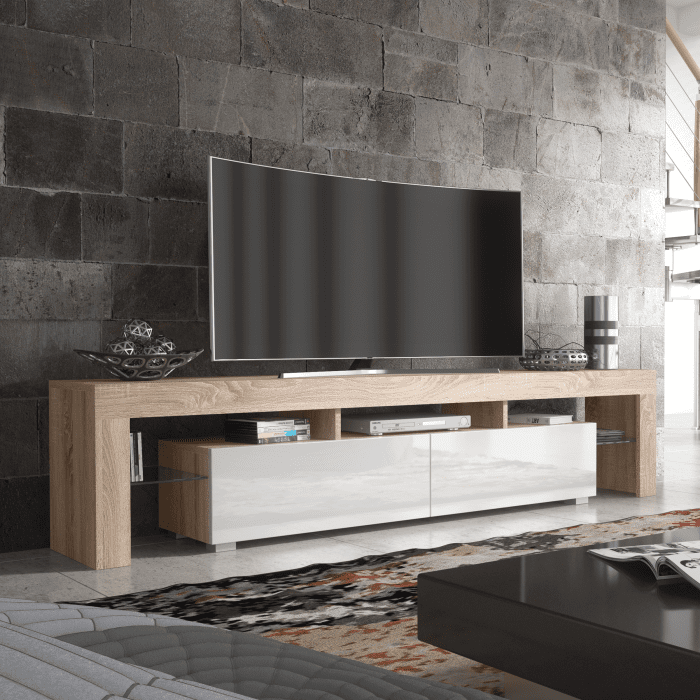 KESTA Modern TV Unit Elegant Storage Cabinet with High Gloss Doors 200cm - Oak with White