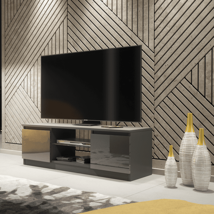 TEMELA Modern TV Unit Compact Cabinet with High Gloss Doors 130cm - Grey