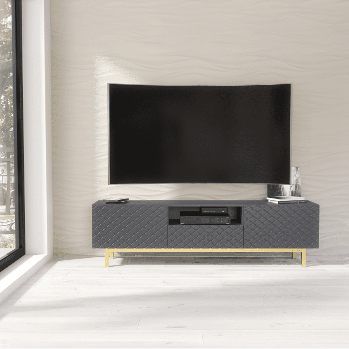 PARTA Modern TV Unit Cabinet Elegant Sideboard with Patterned Doors And Gold Accents 180cm - Grey