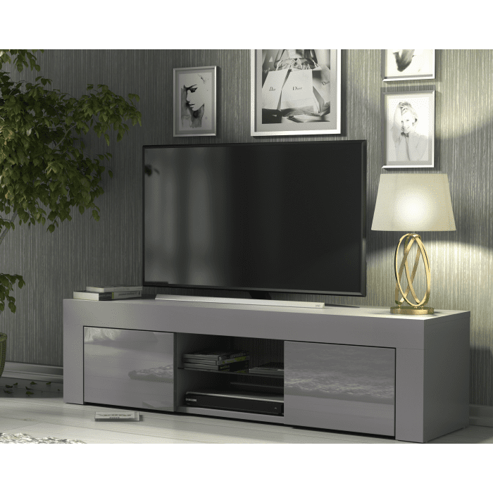 TUSSI Modern TV Unit Cabinet Stylish Matt Body And Gloss Doors 130cm - Grey