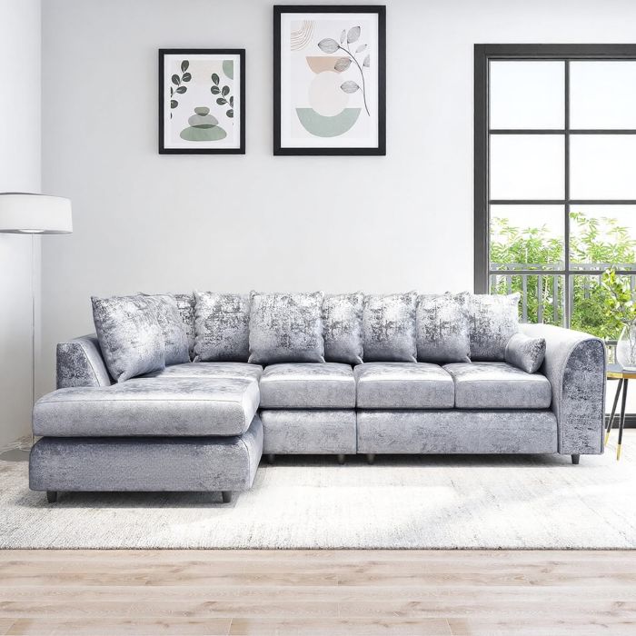 VELOURA Crush Velvet Large 5 Seater L Shaped Scatterback Corner Sofa - Silver, Left Hand Facing