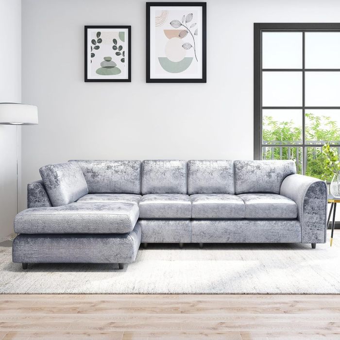 VELOURA Crush Velvet Large 5 Seater L Shaped Fullback Corner Sofa - Silver, Left Hand Facing