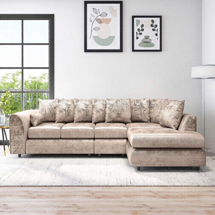 VELOURA Crush Velvet Large 5 Seater L Shaped Scatterback Corner Sofa - Mink , Right Hand Facing