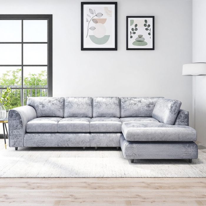 VELOURA Crush Velvet Large 5 Seater L Shaped Fullback Corner Sofa - Silver, Right Hand Facing