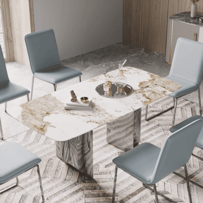 Beverly Stylish Natural Stone with Marble Effect Dining Table with Stainless Steel Base Silver Lacquer Finish - Rectangular