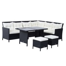 8-Seater Garden Rattan Furniture Rattan Corner Dining Set Outdoor Wicker Conservatory Furniture Lawn Patio Coffee Table Foot Stool, Black