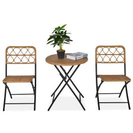 3 PCS Rattan Wicker Bistro Set with Easy Folding, Hand Woven Rattan Coffee Table and Chairs for Outdoor Lawn, Pool, Balcony & Garden, Natural