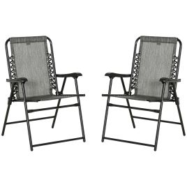2 Pieces Patio Folding Chair Set, Outdoor Portable Loungers for Camping Pool Beach Deck, Lawn Chairs with Armrest Steel Frame, Grey