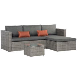 PE Rattan Sofa Set Rattan Corner Sofa, 3 Pieces Outdoor Patio Wicker Conversation Chaise Lounge w/ Tempered Glass Table-top & Cushion Grey