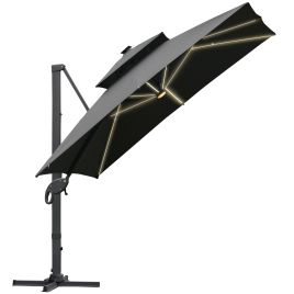3 x 3(m) Cantilever Roma Parasol Garden Sun Umbrella Outdoor Patio with LED Solar Light Cross Base 360deg Rotating for Backyard Dark Gray