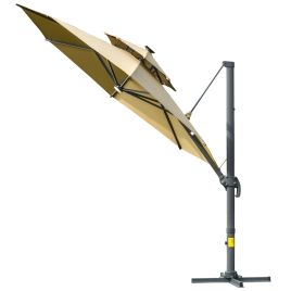 3m Cantilever Parasol w/ Solar Lights Power Bank Cross Base Adjustable Canopy 360° Spin Outdoor Garden Umbrella 2-Tier Roof Sun Shade Khaki