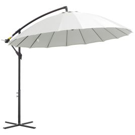 3M Cantilever Shanghai Parasol Garden Hanging Banana Sun Umbrella with Crank Handle, 18 Sturdy Ribs and Cross Base, Off-White