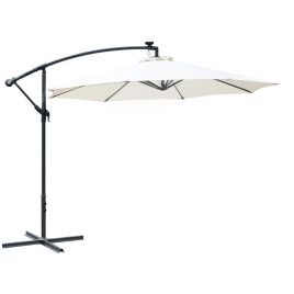 3M LED Cantilever Parasol Banana Garden Umbrella with Solar Lights, Crank Handle and Cross Base, Hanging Sun Shade, Off-White
