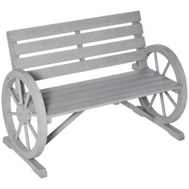 2 Seater Garden Bench Outdoor Garden Armrest Chair with Wooden Cart Wagon Wheel Rustic High Back Grey