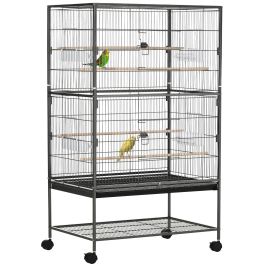 Large Bird Cage Budgie Cage for Finch Canaries Parakeet with Rolling Stand, Slide-out Tray, Storage Shelf, Food Containers, Dark Grey