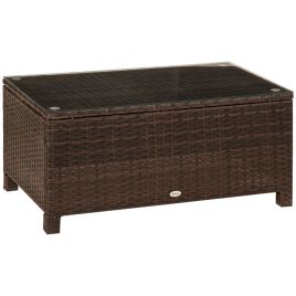 Rattan Garden Furniture Coffee Table Patio Tempered Glass (Mixed Brown)