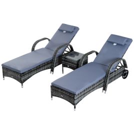 3 Pieces Patio Lounge Chair Set, Garden Wicker Wheeling Recliner Outdoor Daybed, PE Rattan Lounge Chairs w/ Cushions and Side Coffee Table Grey