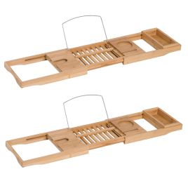 Extendable Bamboo Bathtub Shelf Rack Bath Caddy Tray Bathroom Storage, Set of 2