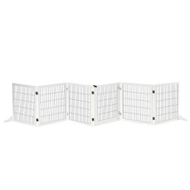 Pet Gate Wooden Dog Safety Barrier, Freestanding Foldable Fence, w/ 6 Panels, 2 Support Feet, House Doorway Stairs, Small & Medium Dogs, White
