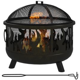 Metal Firepit Bowl Outdoor 2-In-1 Round Fire Pit w/ Lid, Grill, Poker, Handles for Garden, Camping, BBQ, Bonfire, Wood Burning Stove, 61.5 x 61.5 x 52cm, Black