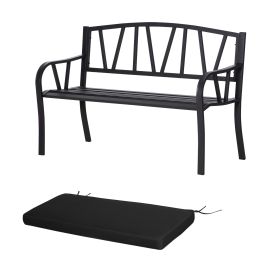SUNVISTA 2-Seater Garden Bench with Cushion, Metal Loveseat, Slatted Outdoor Park Chair with Decorative Backrest and Armrest, Black