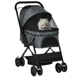 Pet Stroller Dog Pushchair Foldable Jogger with Reversible Handle EVA Wheel Brake Basket Adjustable Canopy Safety Leash Grey