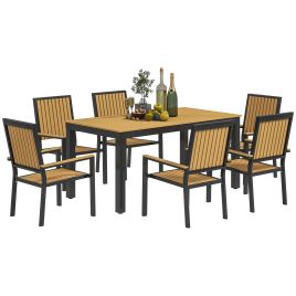 SUNVISTA 6 Seater Garden Dining Set with Stackable Chairs, Aluminium Frame, Rectangular Plastic Top, Garden Furniture Set, Nature Wood
